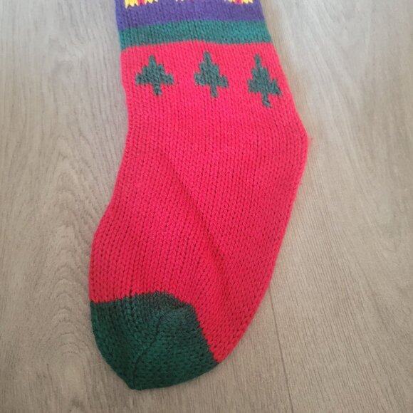 Vintage Hand Knit Christmas Stocking With Santa & Trees Design - Picture 2 of 6